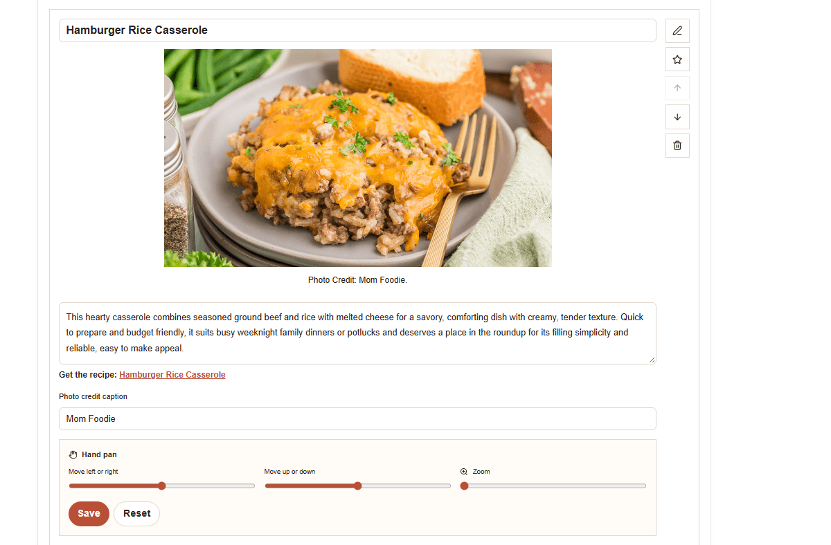 Recipe editor showing editable text, photo credit and image pan and zoom controls