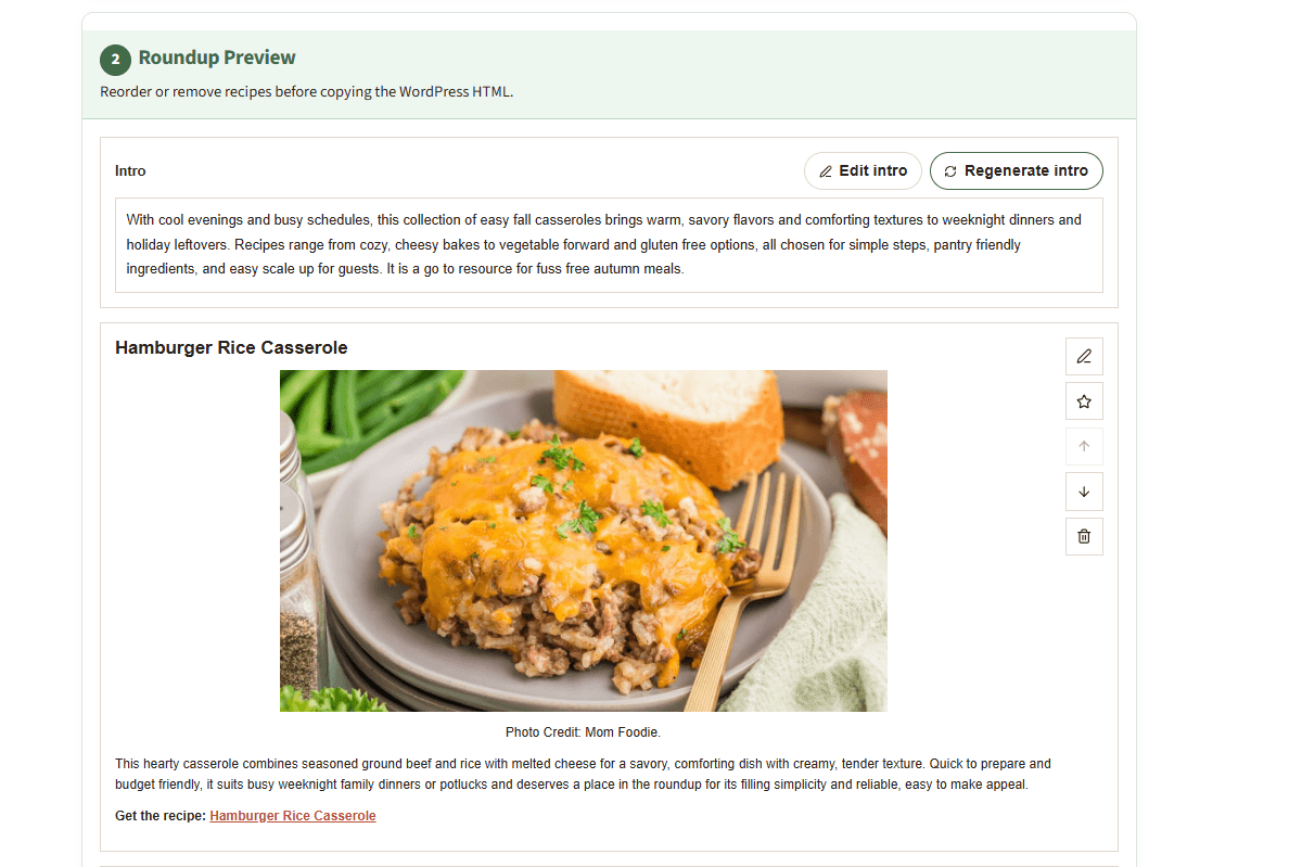 Generated roundup preview with introduction, recipe image, photo credit and source link