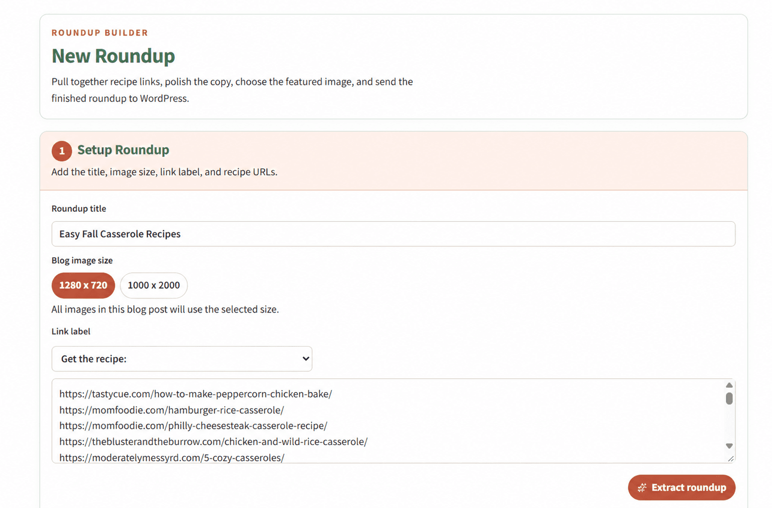 Roundup setup with a title, image size and collected recipe links