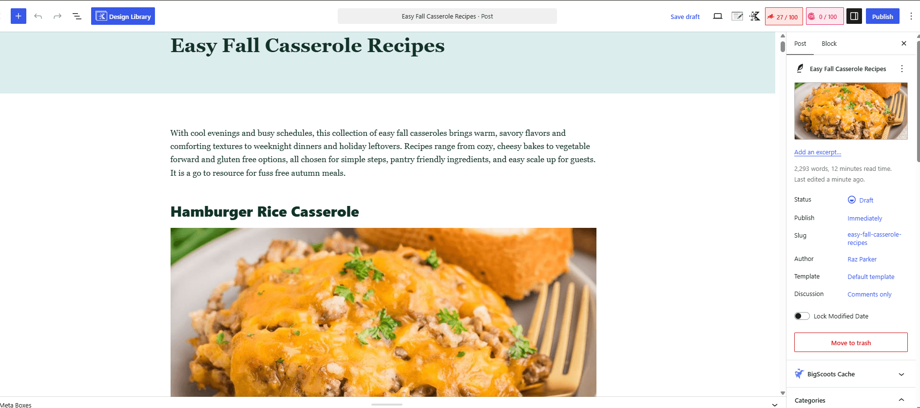 Finished casserole roundup in the WordPress editor with Draft status and a featured image