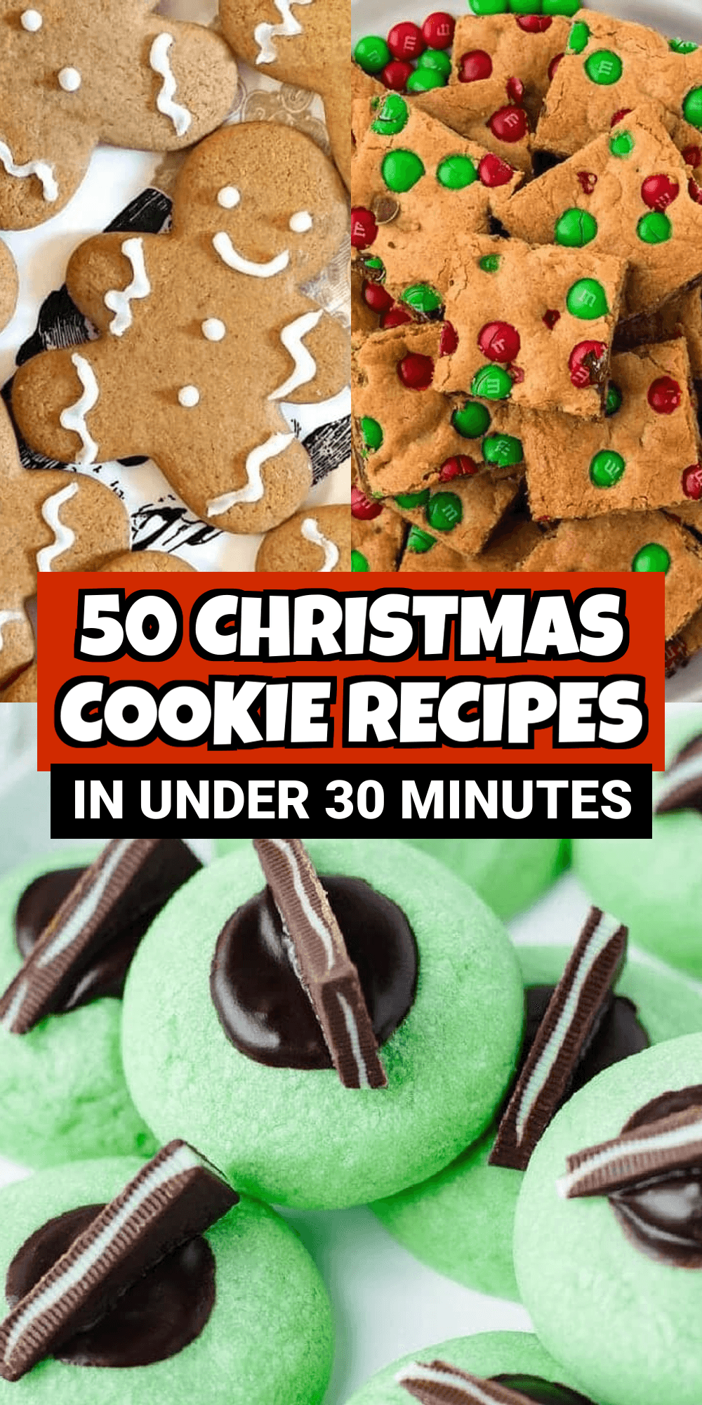 Christmas cookie collage with gingerbread people, festive cookie bars and mint chocolate cookies, with bold white lettering on red and black panels