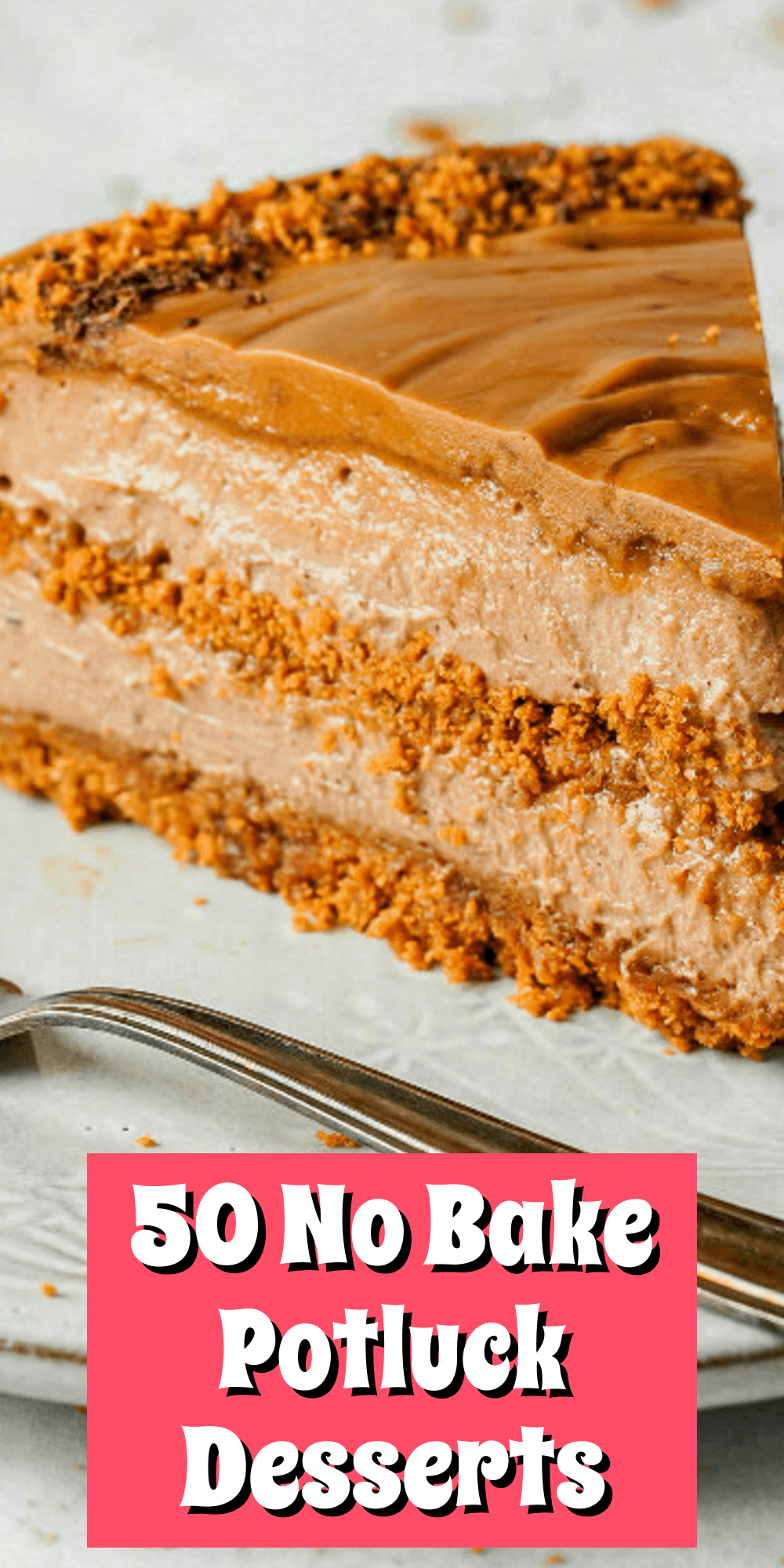Single cheesecake photo with a coral title panel and playful white lettering near the bottom