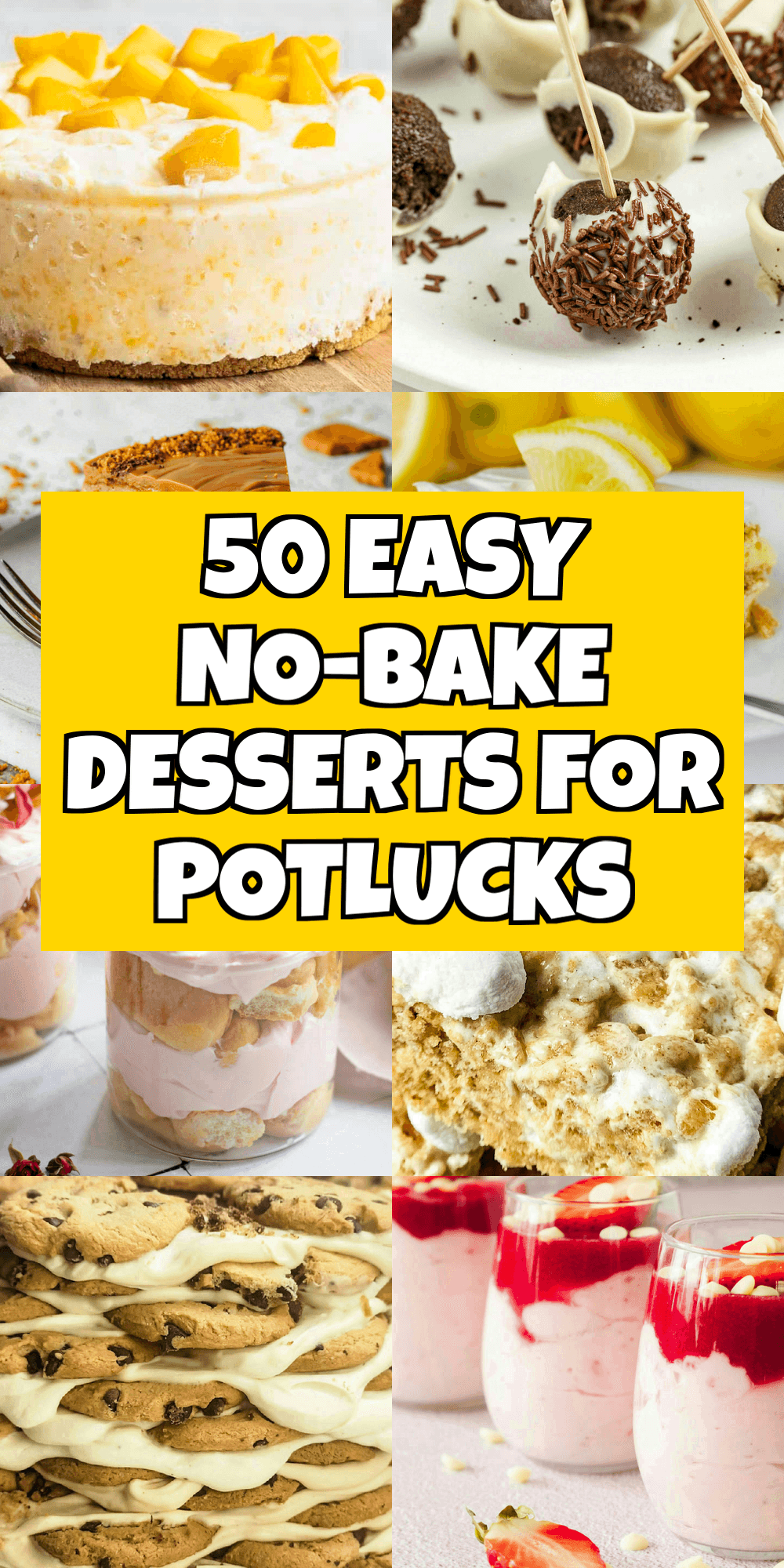 Eight-photo dessert collage with a bold yellow title panel and outlined lettering