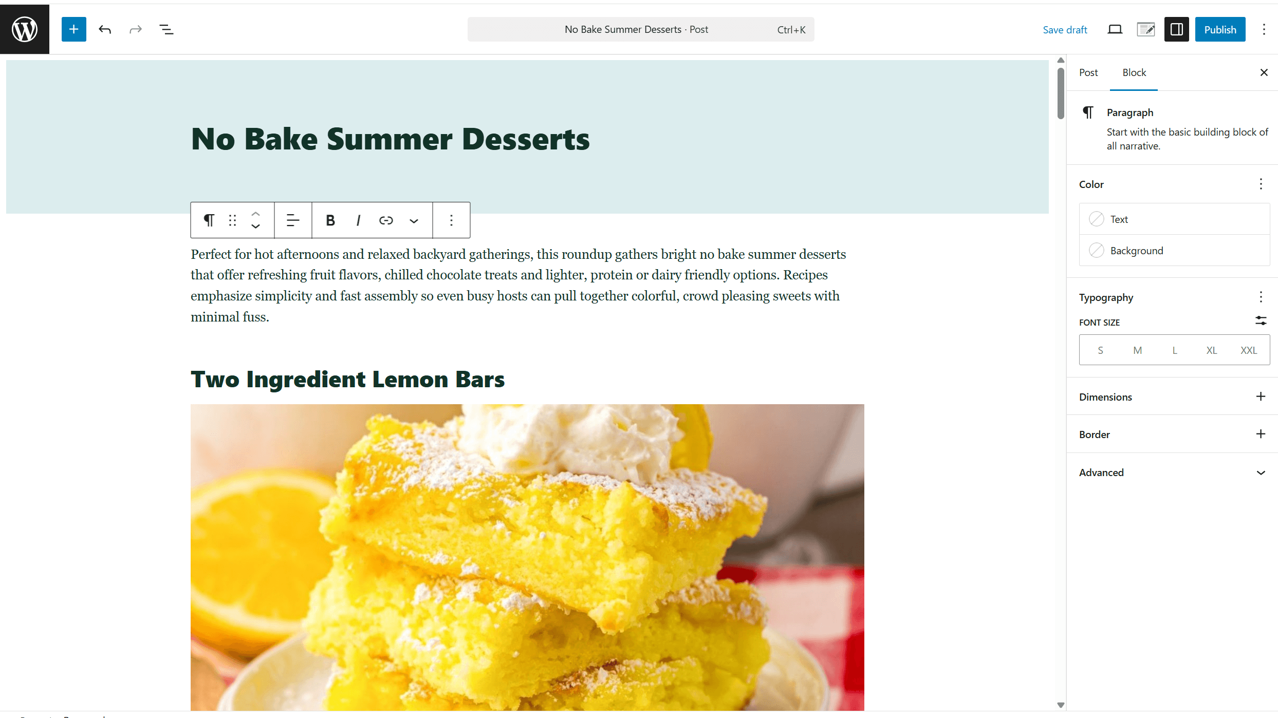 The exported No Bake Summer Desserts draft open in the real WordPress block editor, with its introduction and lemon bars image